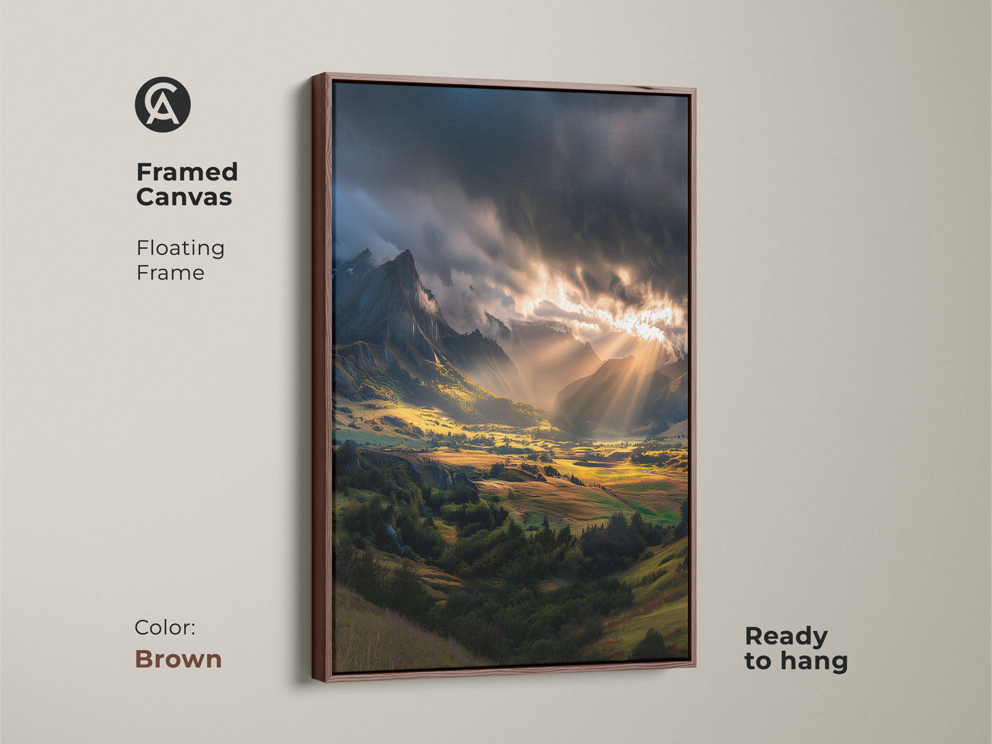 Framed canvas with a brown floating frame showcasing a scenic valley panorama. Golden sunbeams highlight the blue green mountain artwork. This nature lover gift print is ready to hang. Perfect for country landscape decor.