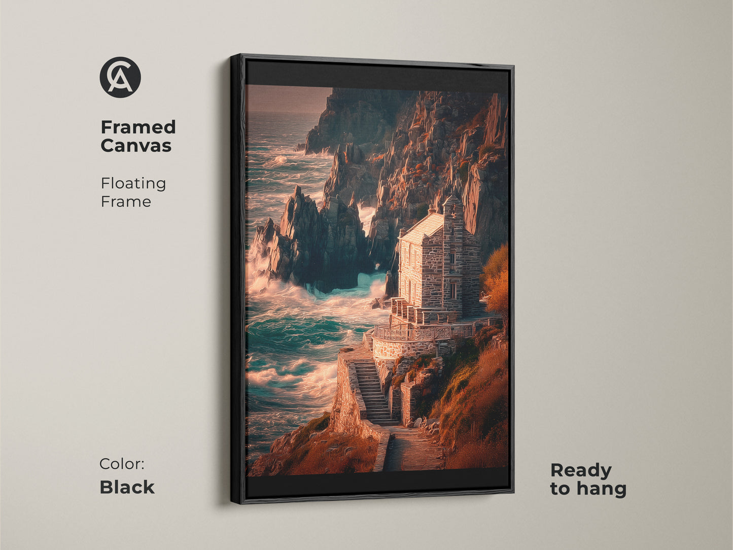 A framed canvas art print of a stone house on rocky cliffs with a black floating frame. The deep blue teal ocean wall art is ready to hang.  A stunning piece of coastal living room art.