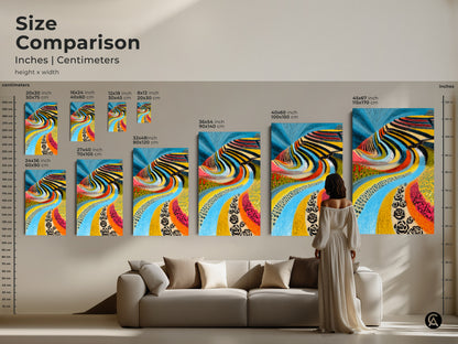 Size comparison of folk art landscape prints. Abstract blue river artwork in various dimensions. Visualize sizes in inches and centimeters. Great wall decor for any living space. Perfect housewarming gift idea. See how the colorful canvas art fits with residential wall art decor.