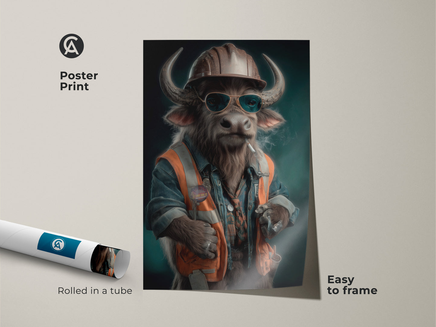 A poster print showcases a surrealist buffalo construction worker. The print is rolled in a tube and is easy to frame. This unique gift is perfect for him. Its an eclectic home decor piece. The anthropomorphic humor print has teal orange and brown accents. This animal-themed artwork will add workplace personality to any space.