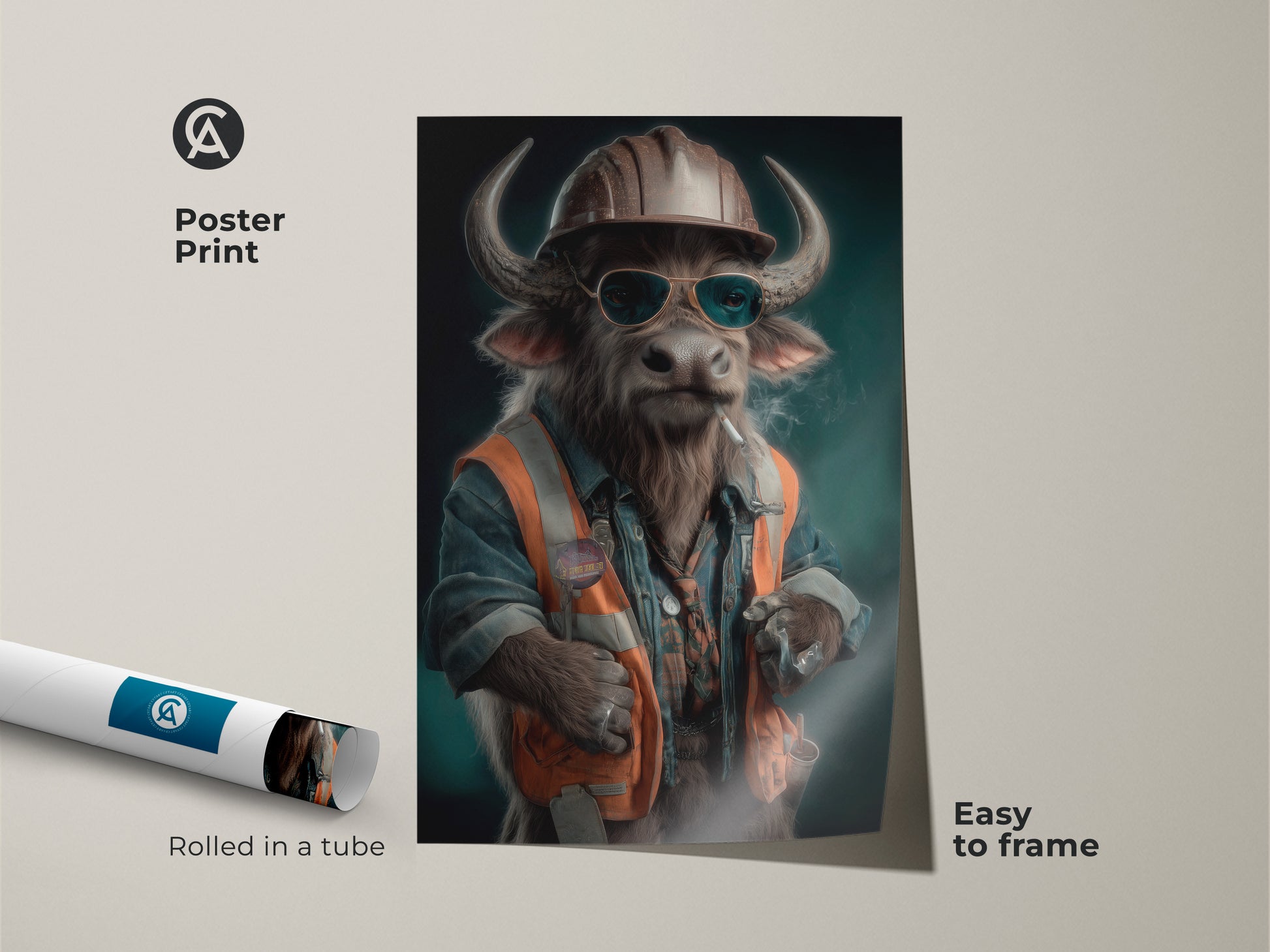 A poster print showcases a surrealist buffalo construction worker. The print is rolled in a tube and is easy to frame. This unique gift is perfect for him. Its an eclectic home decor piece. The anthropomorphic humor print has teal orange and brown accents. This animal-themed artwork will add workplace personality to any space.