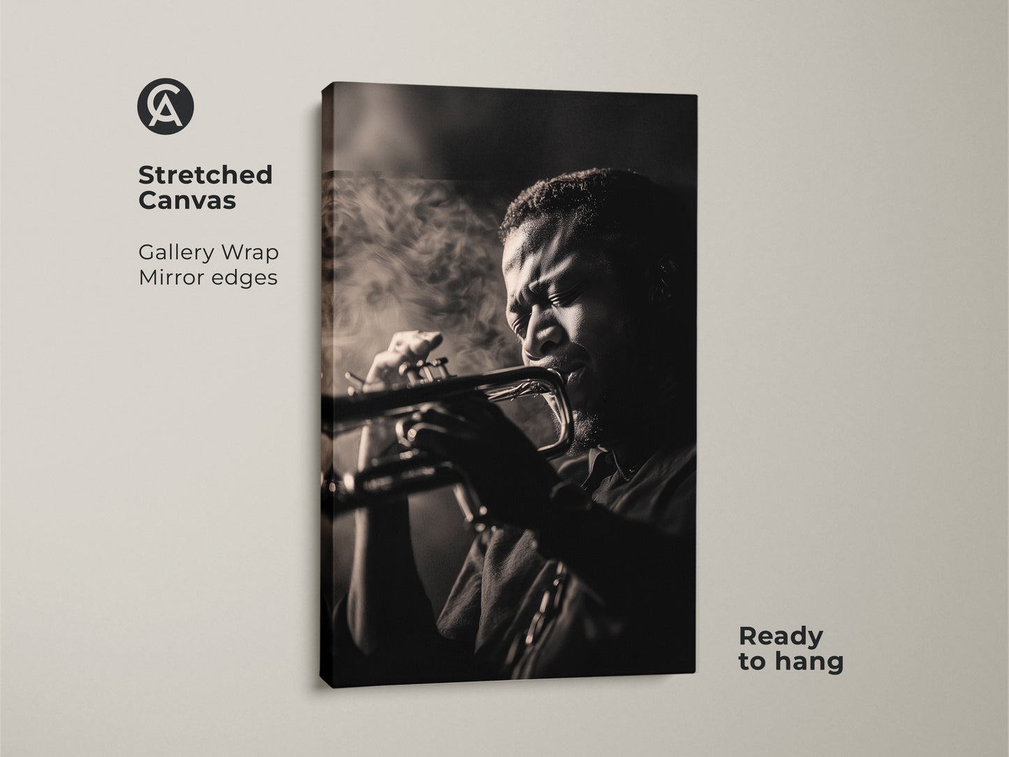 A stretched canvas print showcases a black and white photo. The musician is focused while playing the trumpet. The gallery wrap and mirror edges add a touch of sophistication. Ready to hang this canvas in your home. Order now and enjoy!