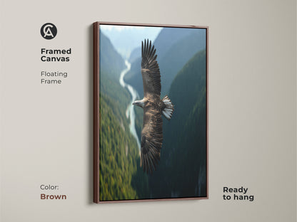 This framed canvas features an eagle in flight over a valley with a brown floating frame. The wildlife photography artwork adds a rustic touch to any space. This nature landscape wall art is perfect for bird watchers. Ready to hang this avian artwork enhances home decor. A beautiful piece of animal nature print.