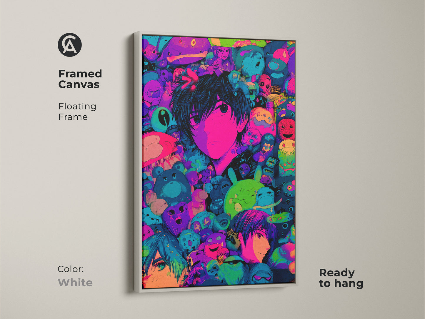 A framed canvas with a white floating frame showcasing anime art. The artwork features a central character surrounded by colorful creatures. Ready to hang this piece will add a modern art to your living space. The art is visually appealing.
