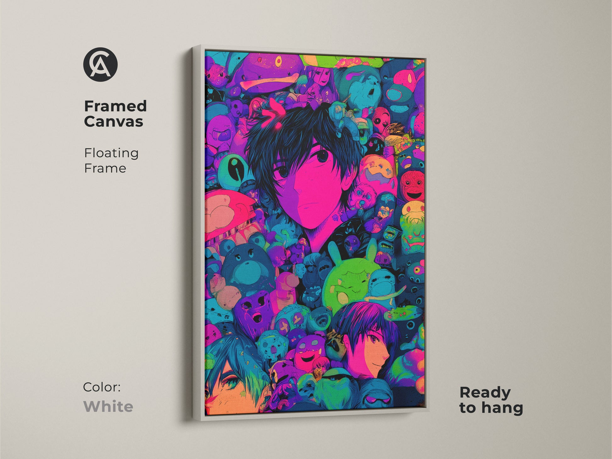 A framed canvas with a white floating frame showcasing anime art. The artwork features a central character surrounded by colorful creatures. Ready to hang this piece will add a modern art to your living space. The art is visually appealing.
