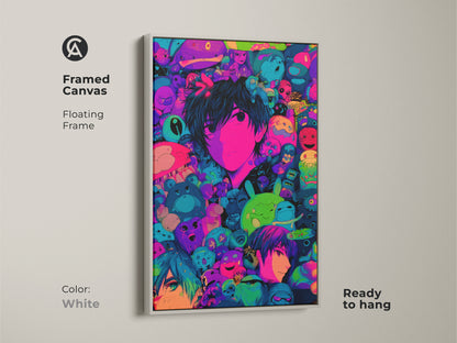 A framed canvas with a white floating frame showcasing anime art. The artwork features a central character surrounded by colorful creatures. Ready to hang this piece will add a modern art to your living space. The art is visually appealing.