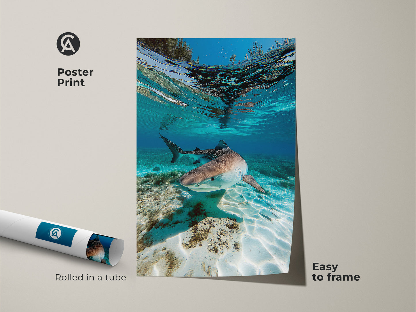 Poster print of an underwater Tiger Shark. This museum-quality wildlife artwork features a shark swimming in deep blue ocean waters. Rolled in a tube for easy framing this coastal artwork is perfect for creating nautical bedroom art. A unique gift for divers.