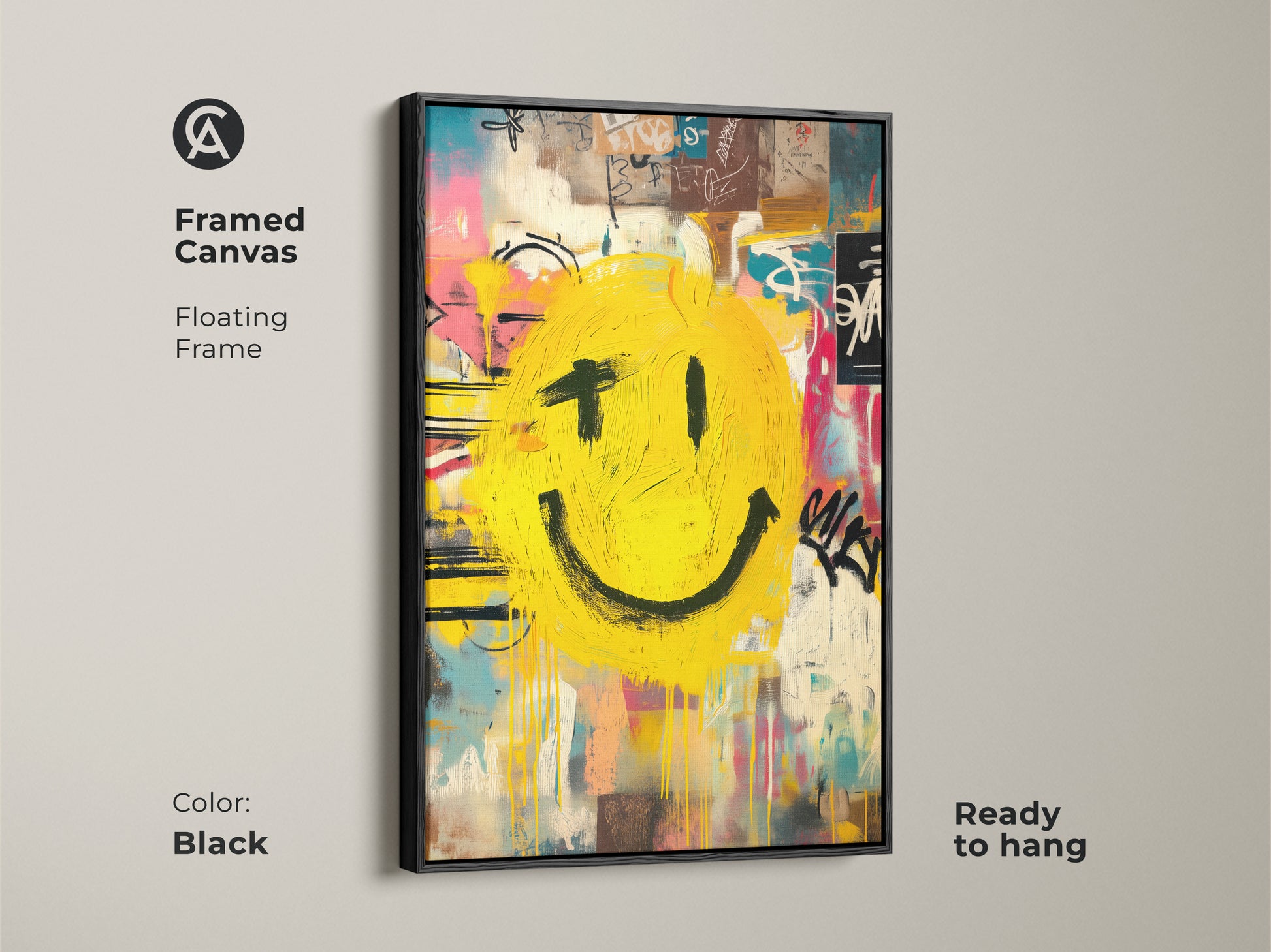 This framed canvas art features a graffiti smiley face. It has a sleek black floating frame. The modern artwork is ready to hang. It enhances any room with its urban artistic style.
