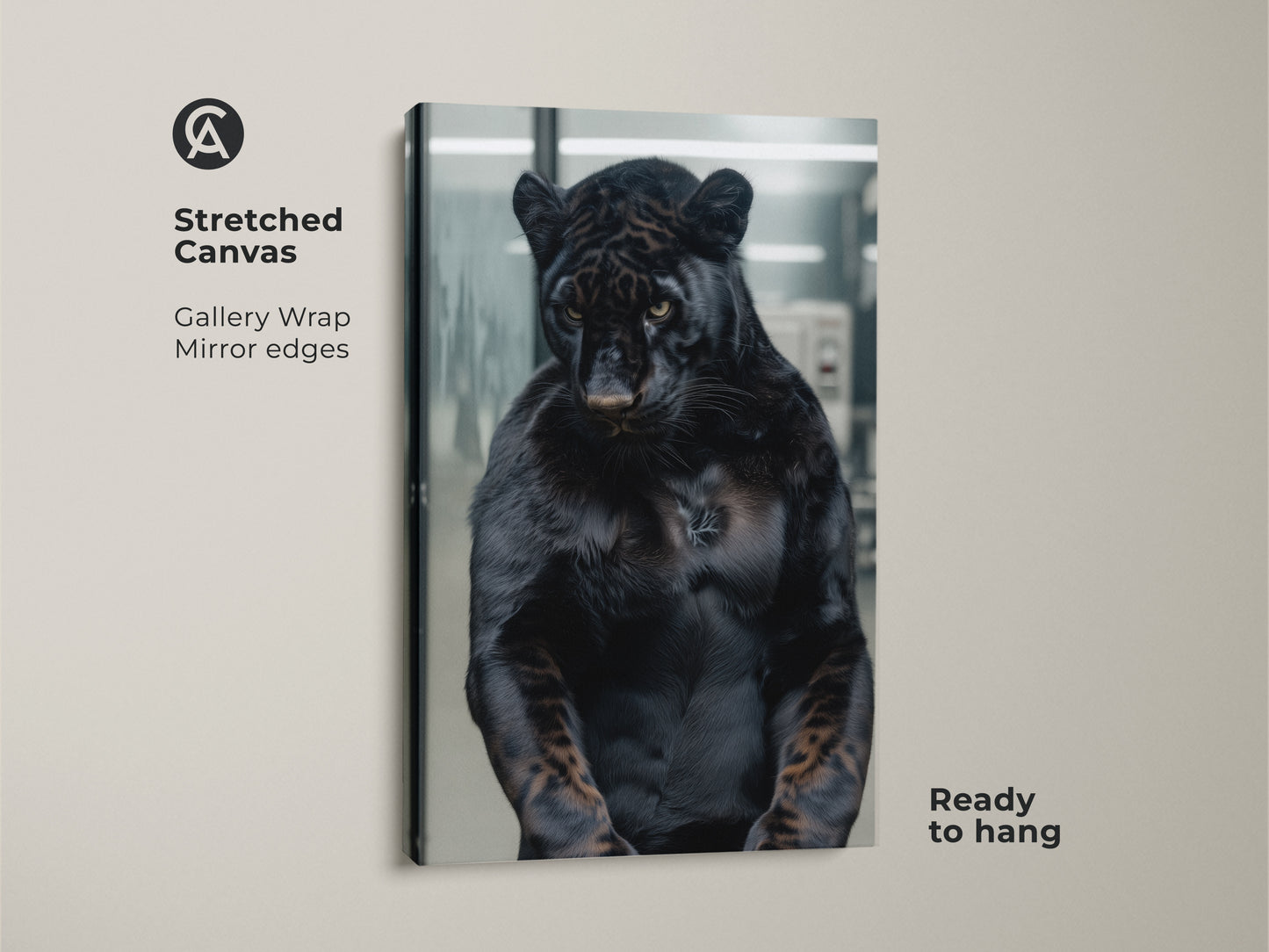 Stretched canvas print featuring a black panther with striking muscular detail. The gallery wrap showcases the artwork with mirrored edges. This ready-to-hang print adds a touch of wild sophistication to any room. The panther's intense gaze captures attention. It is a stunning focal point for your home.