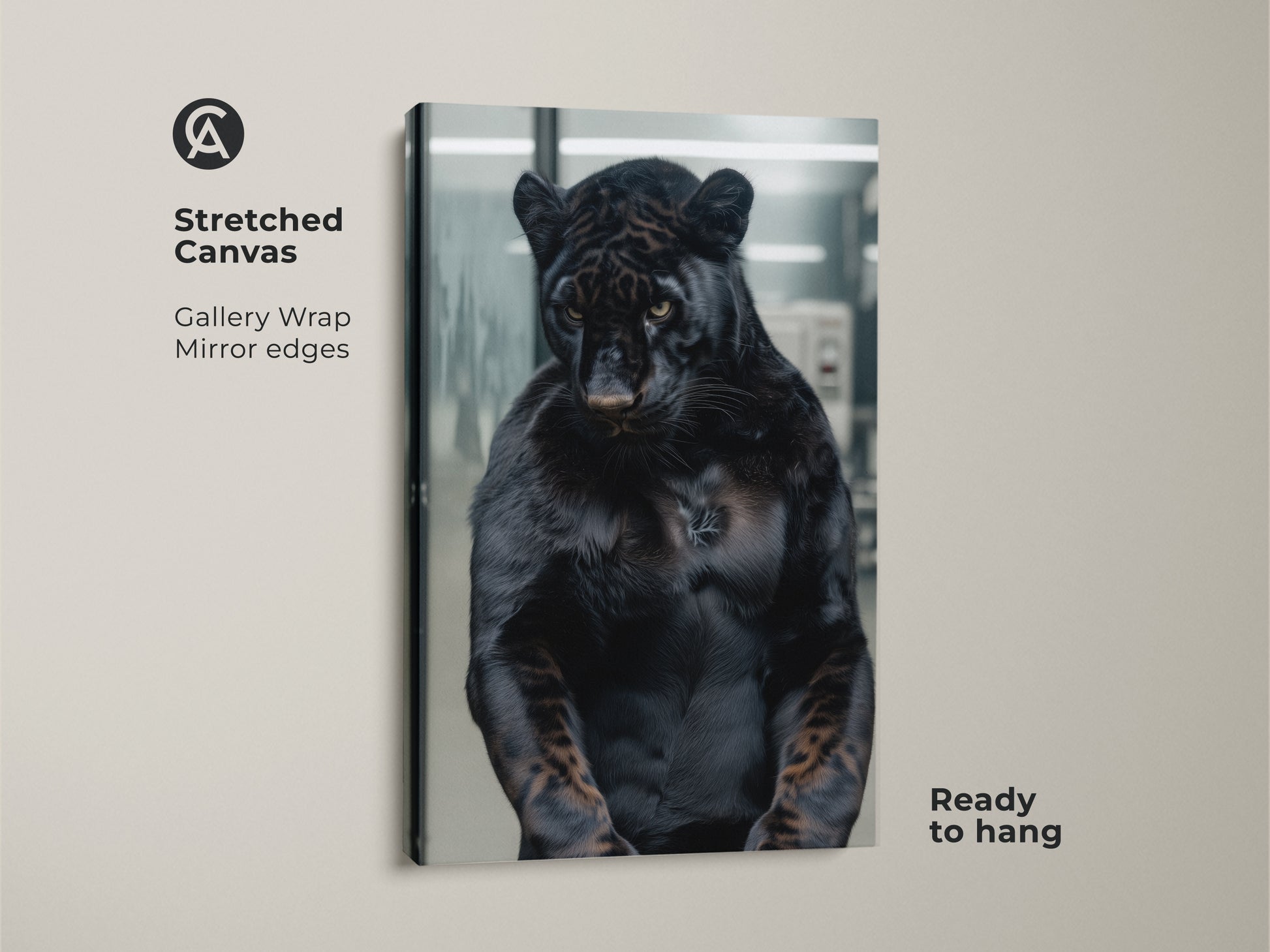 Stretched canvas print featuring a black panther with striking muscular detail. The gallery wrap showcases the artwork with mirrored edges. This ready-to-hang print adds a touch of wild sophistication to any room. The panther's intense gaze captures attention. It is a stunning focal point for your home.