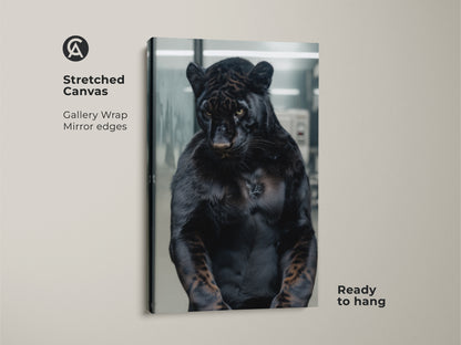 Stretched canvas print featuring a black panther with striking muscular detail. The gallery wrap showcases the artwork with mirrored edges. This ready-to-hang print adds a touch of wild sophistication to any room. The panther's intense gaze captures attention. It is a stunning focal point for your home.