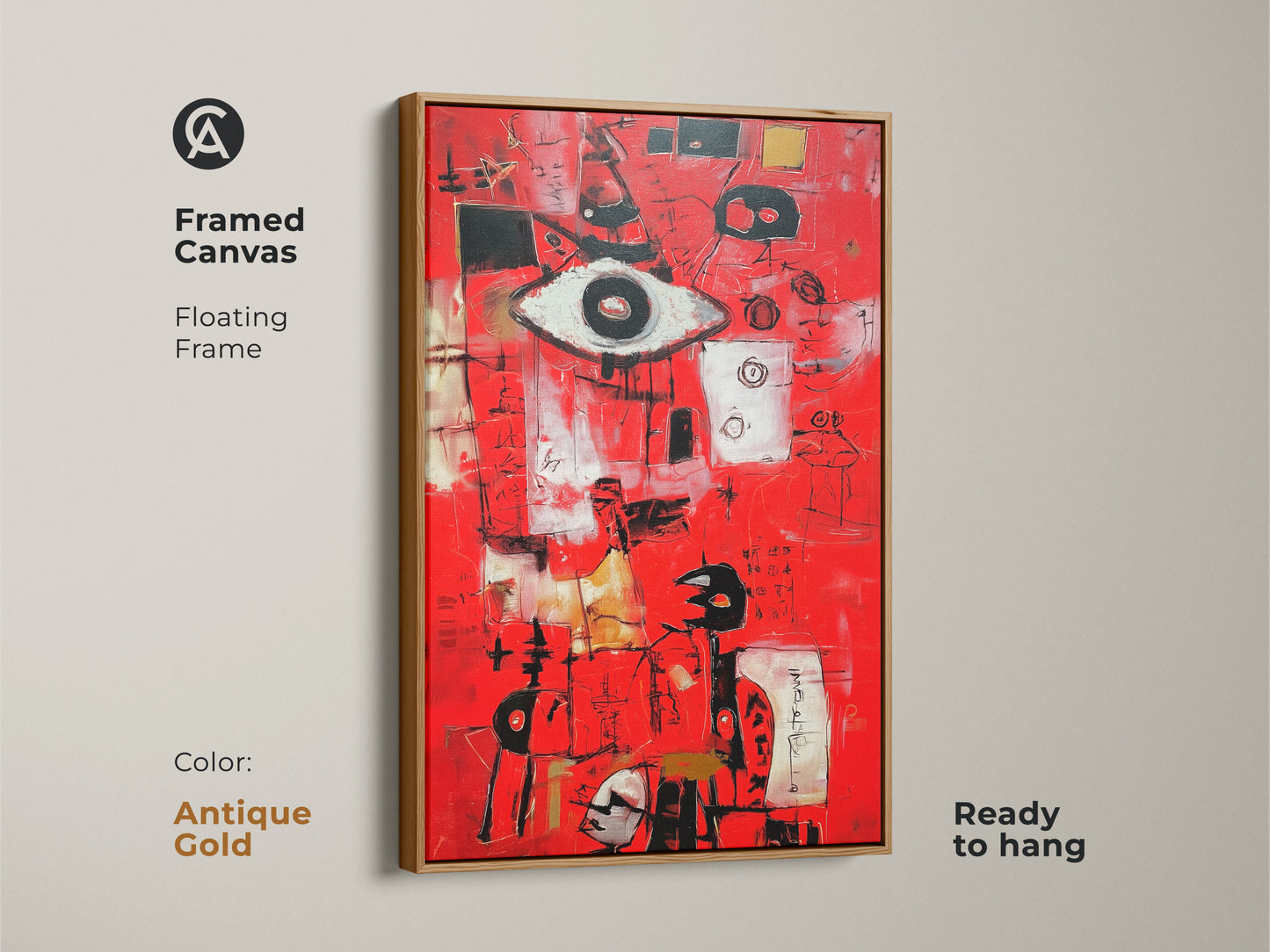 Abstract painting on framed canvas. The canvas is displayed in an antique gold floating frame. The red backdrop is eye-catching. The modern artwork features an eye symbol and abstract shapes. Add this framed artwork to your wall.