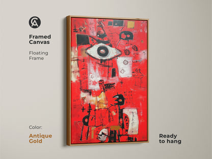 Abstract painting on framed canvas. The canvas is displayed in an antique gold floating frame. The red backdrop is eye-catching. The modern artwork features an eye symbol and abstract shapes. Add this framed artwork to your wall.