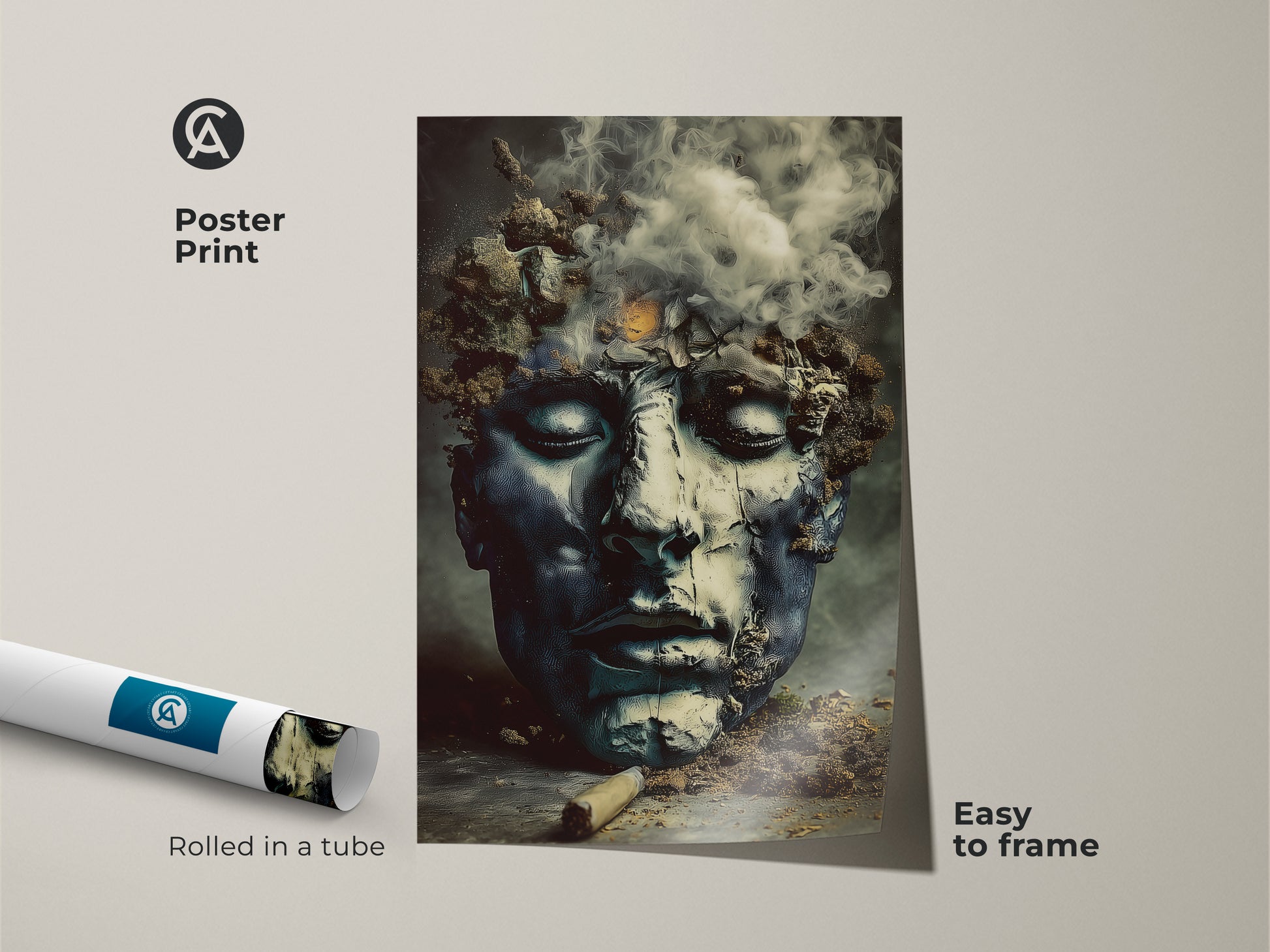 Poster print of surreal face art rolled in a tube. This abstract figurative artwork features a deep blue charcoal color palette. The unique smoke and face art is easy to frame for study room canvas decor.