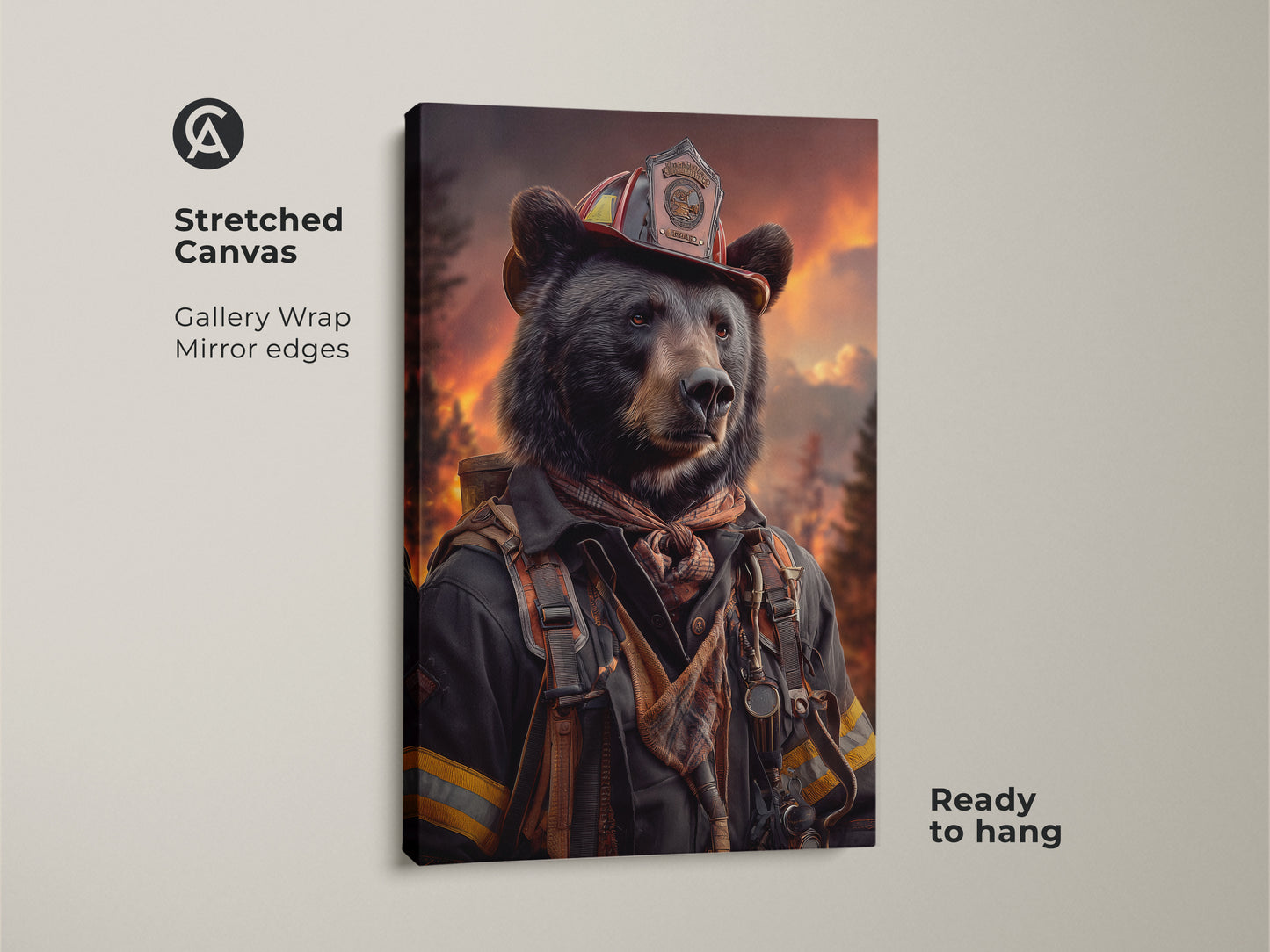 A stretched canvas print of a bear dressed as a firefighter ready to hang. Gallery wrapped with mirrored edges enhancing its artistic appeal. Ideal eclectic wall art for an office man cave.