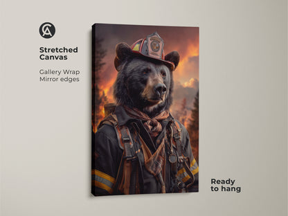 A stretched canvas print of a bear dressed as a firefighter ready to hang. Gallery wrapped with mirrored edges enhancing its artistic appeal. Ideal eclectic wall art for an office man cave.