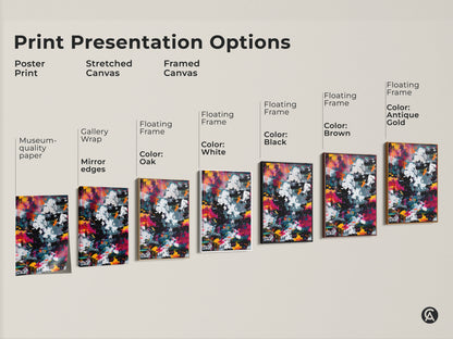 Explore print presentation options for abstract artwork. Choose from poster prints stretched canvas and framed canvas. Customize your art to match your style. Options include floating frames in black brown antique gold and white.
