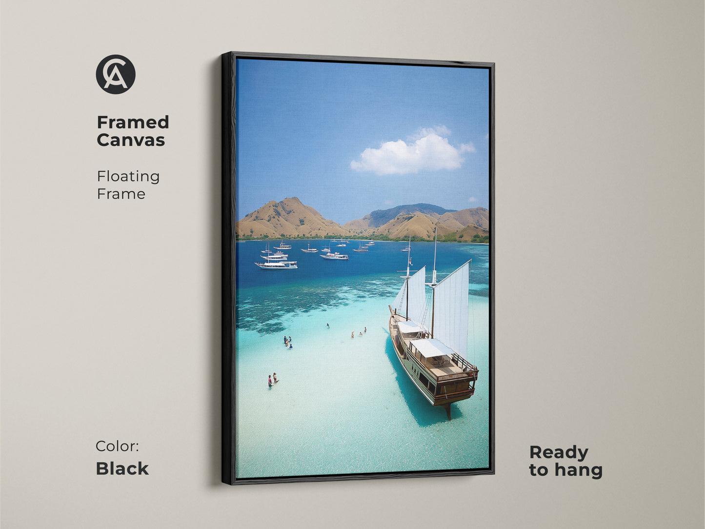 The framed canvas art shows clear turquoise ocean waters. The black floating frame highlights the coastal artwork. Ready to hang this beach house decor in any room. This tropical island artwork brings a vacation vibe. Enjoy the beauty of sailboats in paradise.