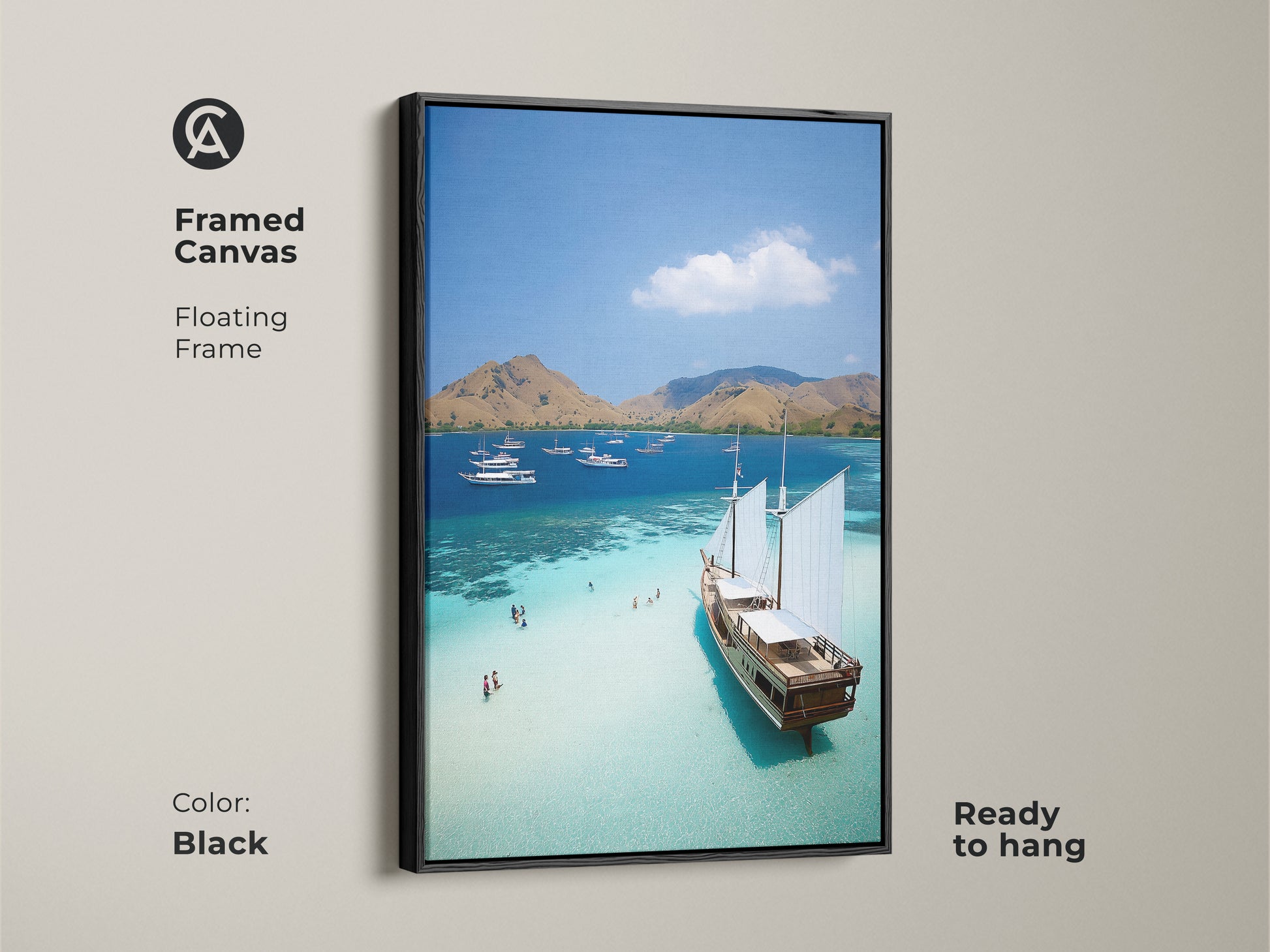 The framed canvas art shows clear turquoise ocean waters. The black floating frame highlights the coastal artwork. Ready to hang this beach house decor in any room. This tropical island artwork brings a vacation vibe. Enjoy the beauty of sailboats in paradise.