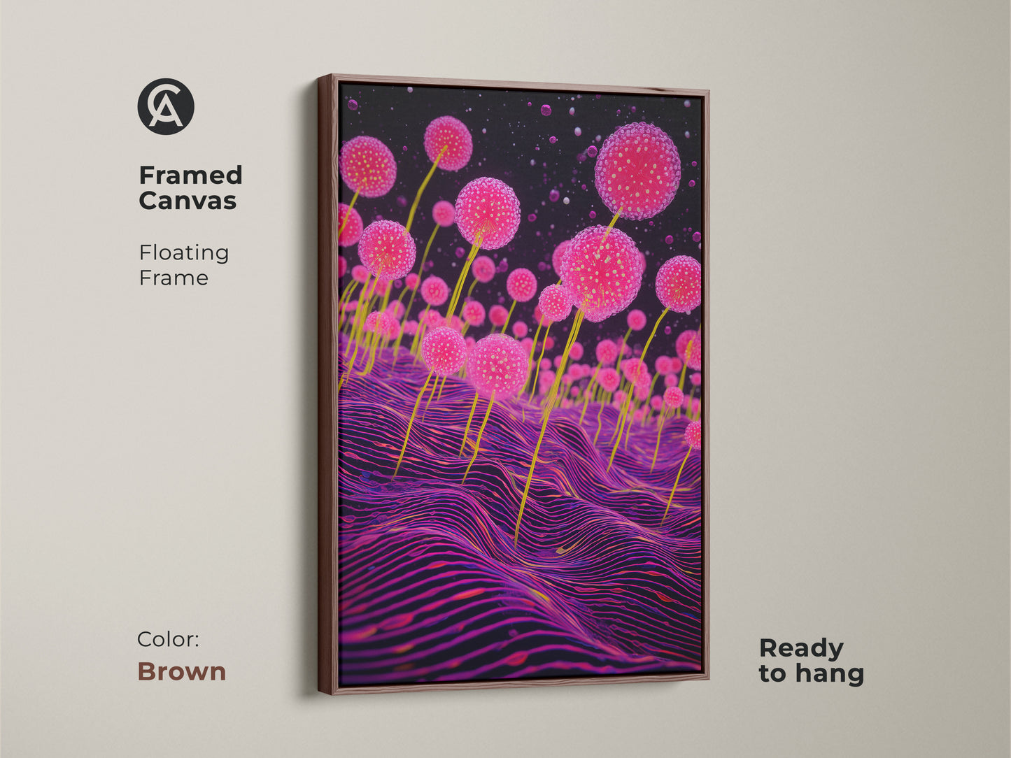 Framed canvas featuring surreal pink fungi against a deep purple wavy landscape. It is a dreamscape wall art. This abstract botanical print combines sci-fi fantasy with a unique botanical twist. The brown floating frame adds warmth to the artwork.