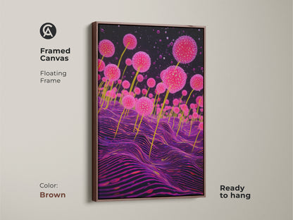 Framed canvas featuring surreal pink fungi against a deep purple wavy landscape. It is a dreamscape wall art. This abstract botanical print combines sci-fi fantasy with a unique botanical twist. The brown floating frame adds warmth to the artwork.
