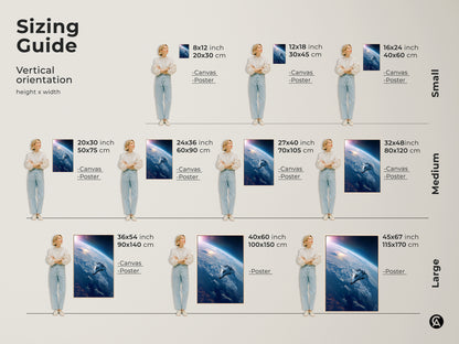 Sizing Guide for Sci-Fi Space Art Prints. Vertical orientation height x width options are shown with a model. The artwork features a futuristic spaceship over Earth in deep blue.