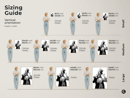 Sizing guide for art deco gentleman canvas and poster prints. Vertical orientation shown. Available in small medium and large sizes. Dimensions in inches and centimeters. Select the perfect size for your space. An Art Deco-inspired black and white portrait art