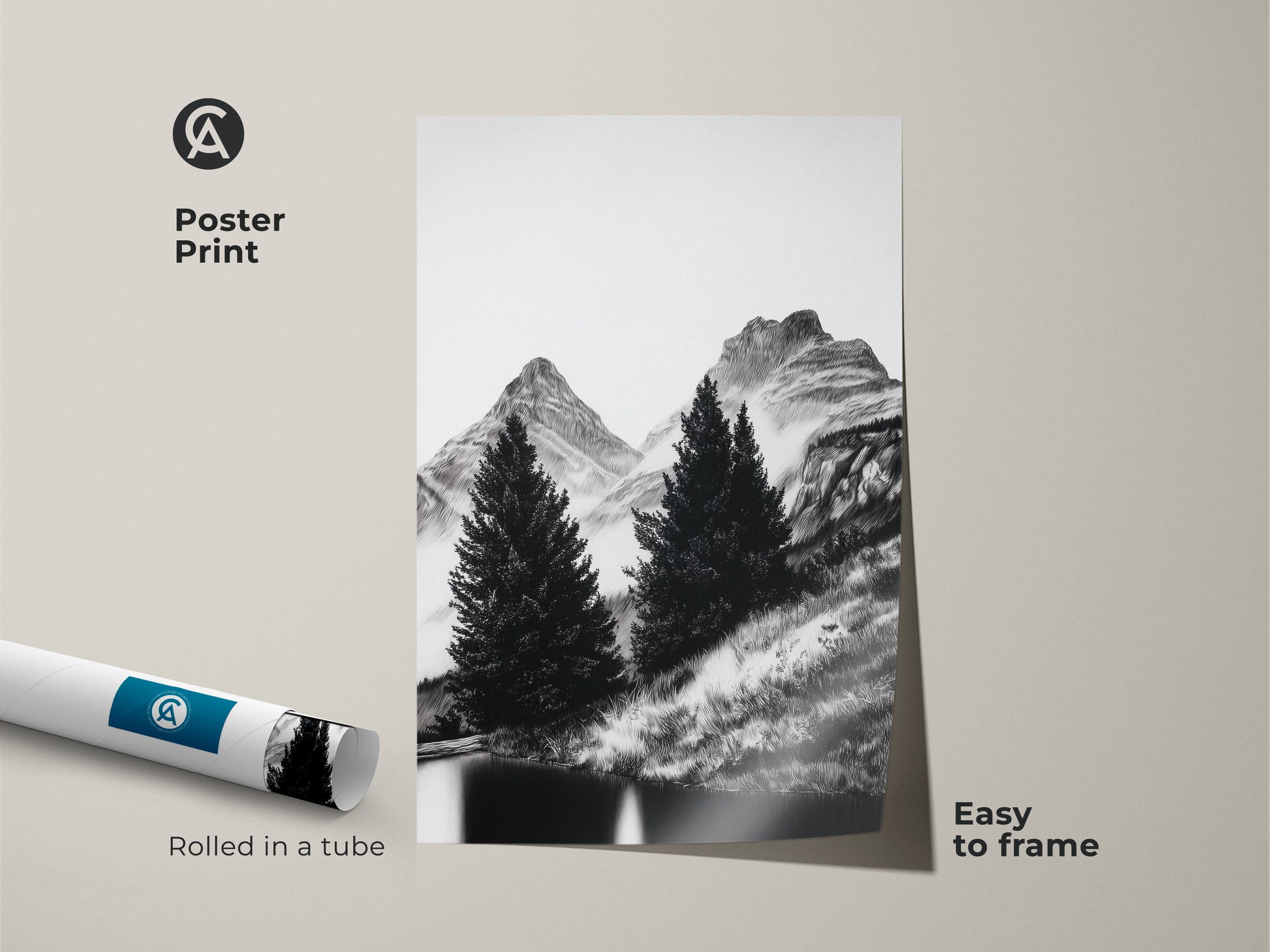 Nature landscape art presented as a poster print. This minimalist mountain wall art features a black and white scenic view of pine trees and mountains. Easy to frame this monochrome artwork is rolled in a tube for convenient shipping perfect for a rustic cabin wall.