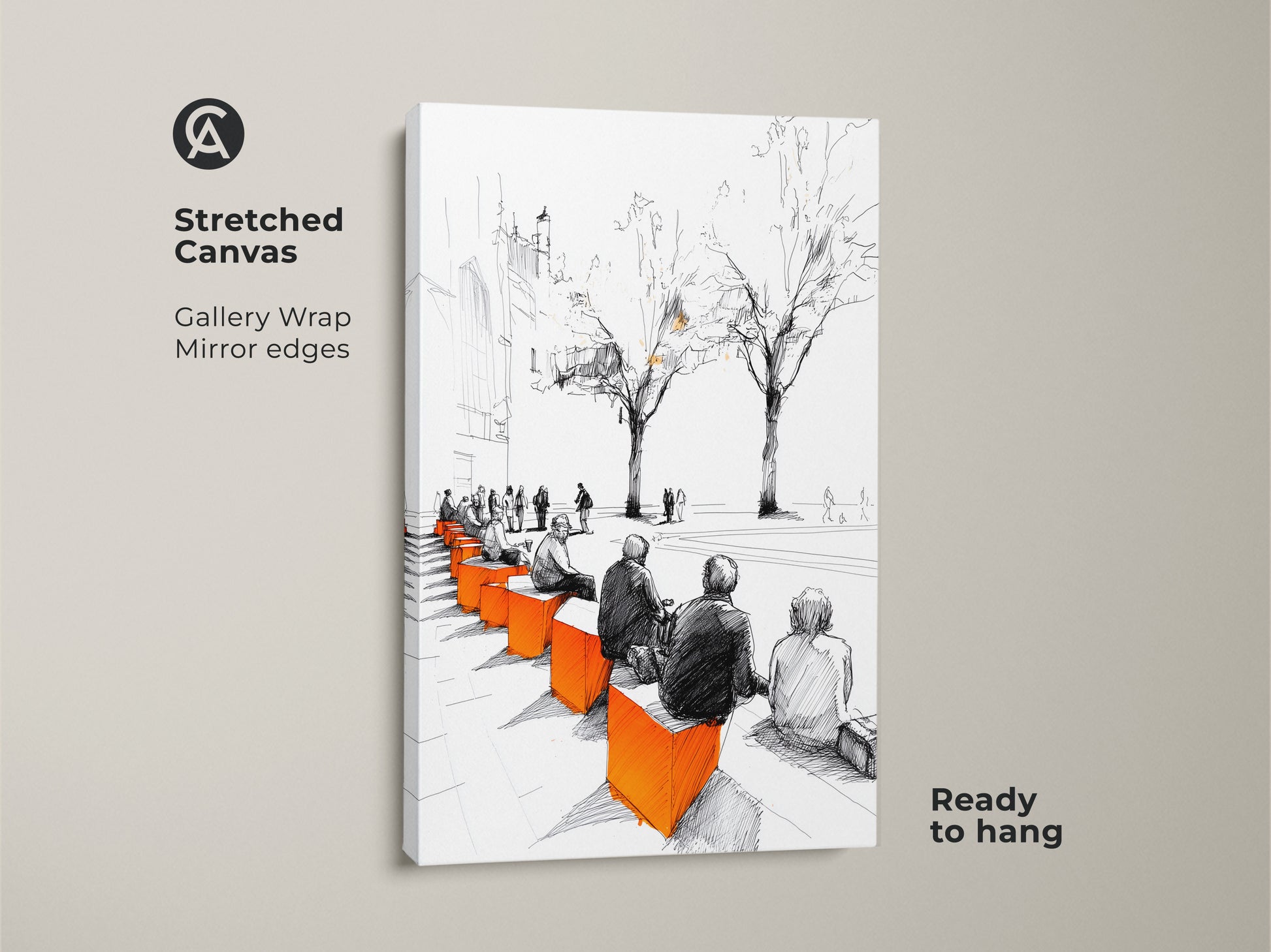 Stretched canvas art print of an urban cityscape in a modern sketch style. Gallery wrapped with mirrored edges it features people on park benches in black white and orange hues. A ready-to-hang piece adding urban sophistication to modern minimalist art collections.