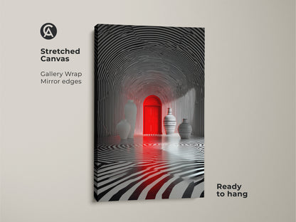 Stretched canvas artwork with a red door and vases. The black and white zebra stripe tunnel creates an optical illusion. Gallery wrapped with mirrored edges this piece is ready to hang. A modern art statement.