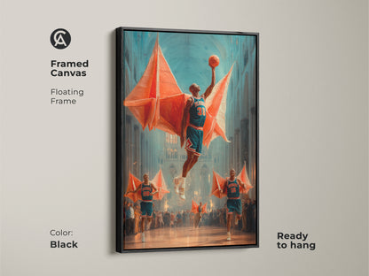 A framed canvas shows a surreal basketball dunking scene set in a cathedral with a floating frame. The black frame complements the orange teal blue artwork. Ready to hang this piece adds modern eclectic art to any room. It is perfect for an office or man cave. Ideal gift for a sports lover.
