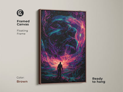 Framed canvas showing galaxy artwork with a floating frame. A silhouette gazes towards a cosmic face. The brown frame complements the art. This canvas is ready to hang. Enrich your home with this vibrant artwork.