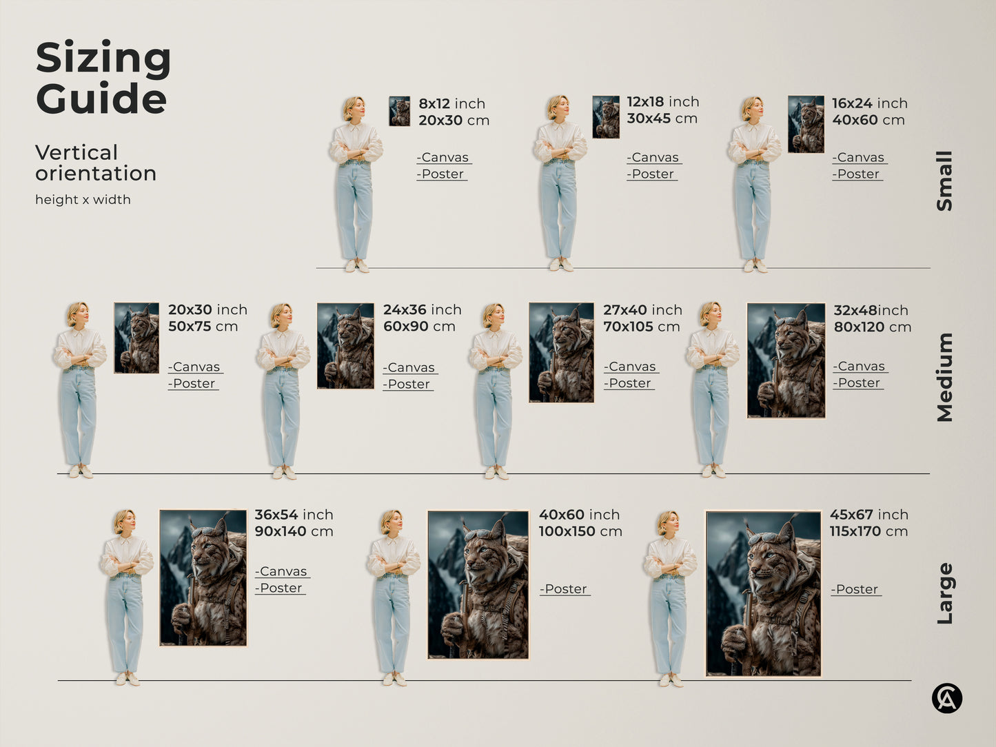 Sizing guide for rustic Lynx artwork. Vertical orientation height and width options. Offered as canvas or poster in sizes from small to large. The photorealistic lynx is dressed for outdoor adventure. It has a backpack and goggles on. Tan brown teal wildlife artwork is a great home decor gift.
