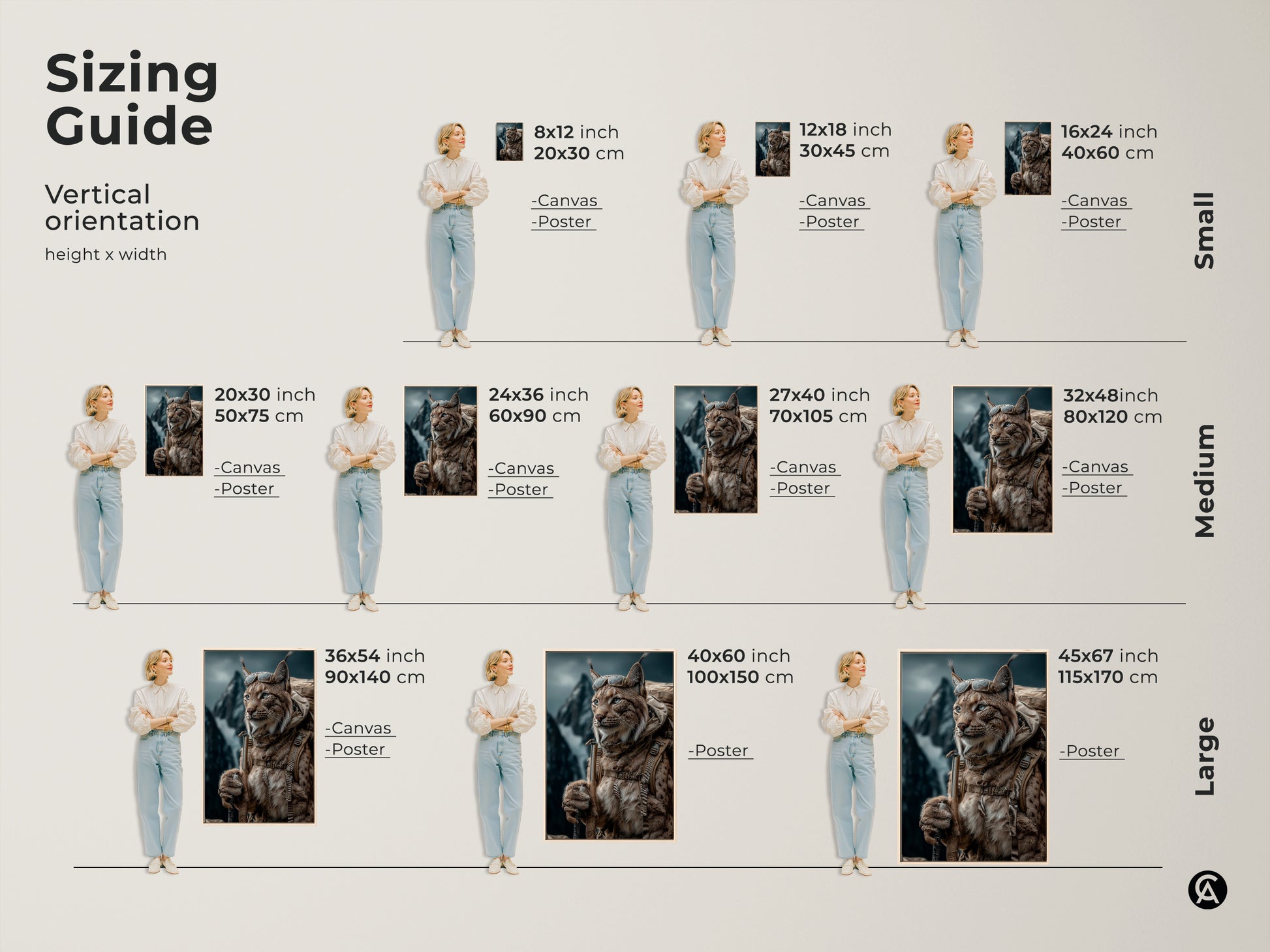 Sizing guide for rustic Lynx artwork. Vertical orientation height and width options. Offered as canvas or poster in sizes from small to large. The photorealistic lynx is dressed for outdoor adventure. It has a backpack and goggles on. Tan brown teal wildlife artwork is a great home decor gift.