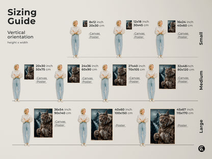 Sizing guide for rustic Lynx artwork. Vertical orientation height and width options. Offered as canvas or poster in sizes from small to large. The photorealistic lynx is dressed for outdoor adventure. It has a backpack and goggles on. Tan brown teal wildlife artwork is a great home decor gift.