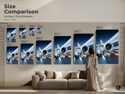 Size comparison of jet engine artwork in various dimensions. See how the canvas print looks above a sofa. Visualize the impact of this modern aviation artwork in your living space.