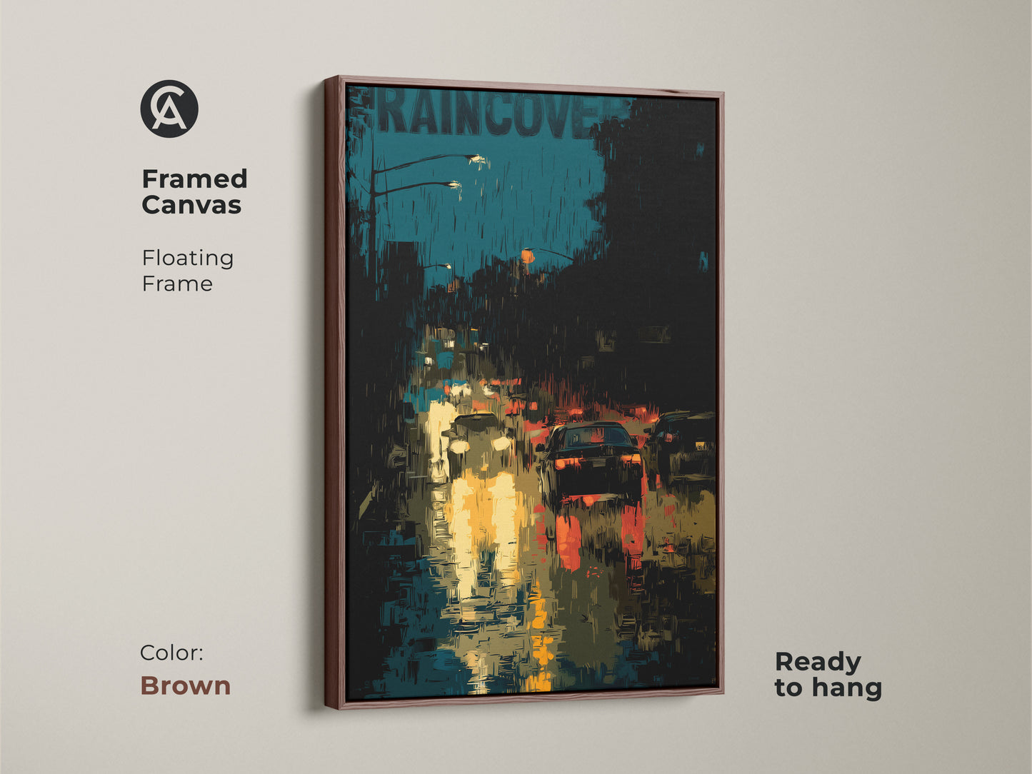 This framed canvas in brown features urban cityscape artwork. It is a rainy city street scene with contemporary teal and black colors. The yellow streetlight print is ready to hang. The car traffic artwork is modern apartment decor. This floating frame enhances the city night canvas.