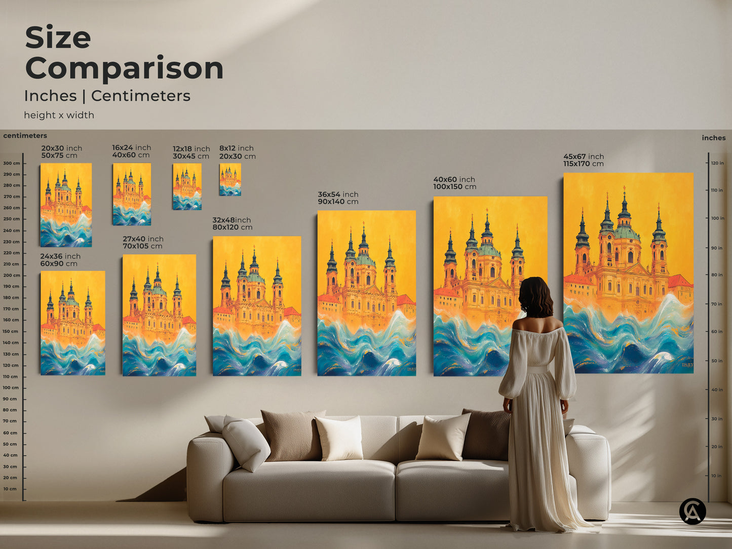 Size comparison of the surreal church artwork in inches and centimeters. Visualize the yellow and blue waves canvas artwork in different sizes. Choose from various dimensions to suit your space. A large artistic building print becomes a captivating focal point. Ideal as a unique travel gift.
