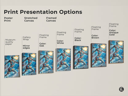 See the presentation options for this abstract geometric runner art. Choose from poster print or stretched canvas. Options include framed canvas with various colors. Find the perfect piece of dynamic sports art today.