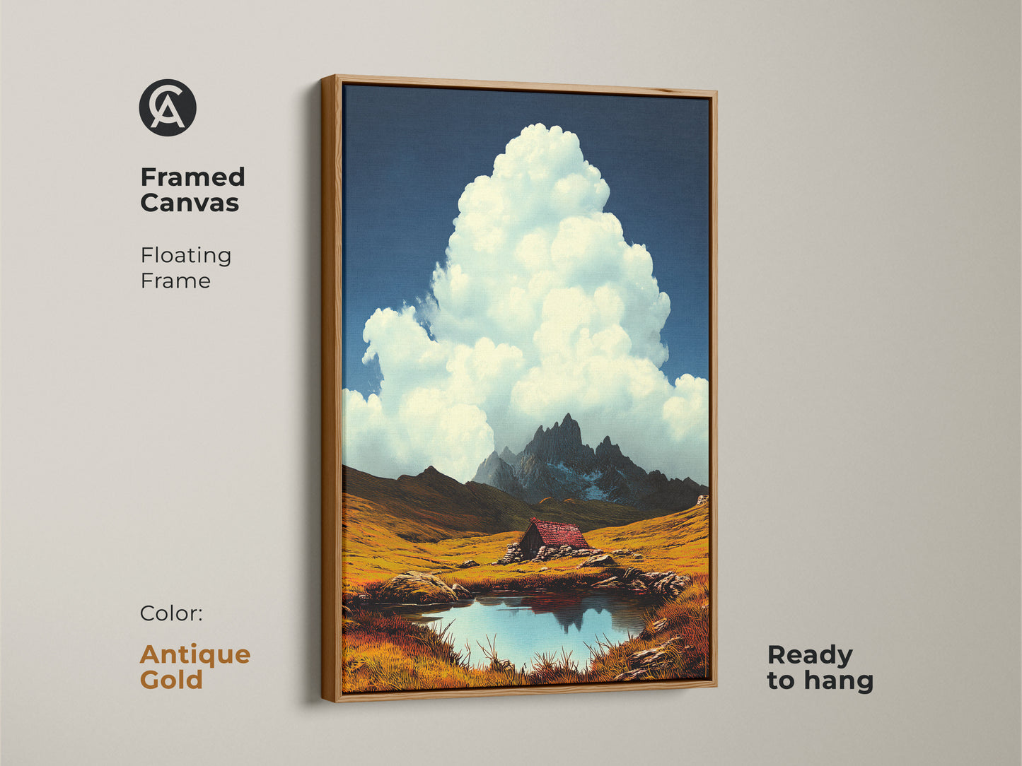 Mountain cabin canvas art in an antique gold floating frame. This artwork captures an alpine lake landscape under a deep blue sky. Golden field art. This rustic home decor is ready to hang. The scenic nature wall art is great for housewarming gift. Ideal for cabin decor.