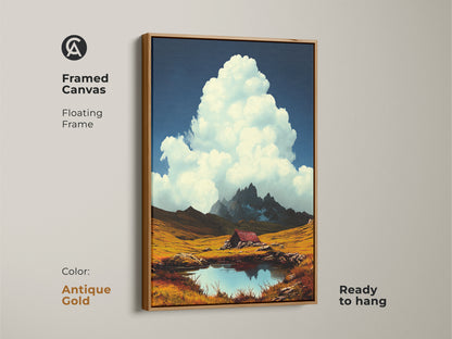 Mountain cabin canvas art in an antique gold floating frame. This artwork captures an alpine lake landscape under a deep blue sky. Golden field art. This rustic home decor is ready to hang. The scenic nature wall art is great for housewarming gift. Ideal for cabin decor.