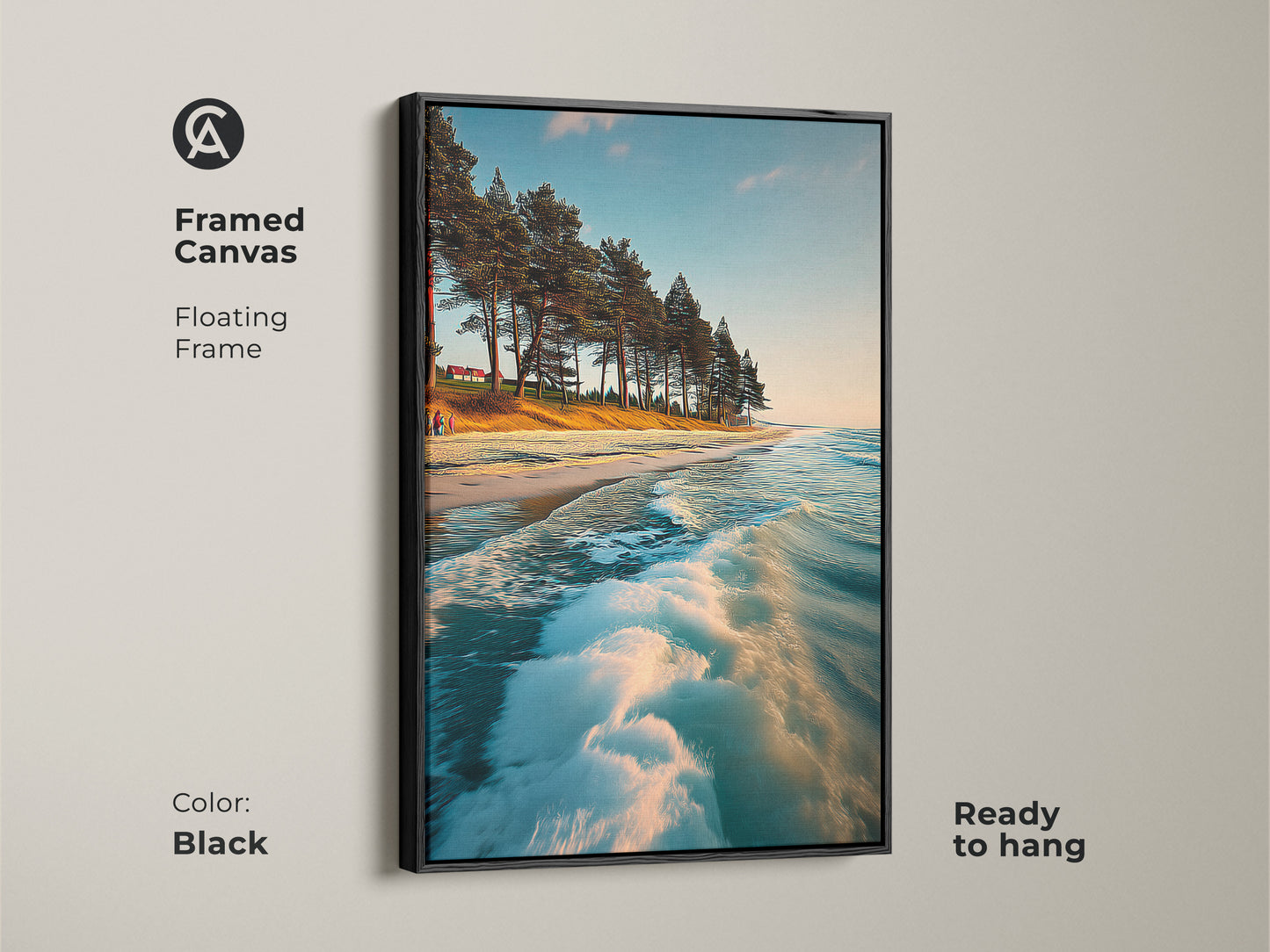 Framed Canvas art featuring a serene coastal landscape with pine trees. Floating frame in black enhances the teal sandy gold seascape. Ready to hang this piece is ideal for coastal living room decor and adds a peaceful touch to residential spaces.
