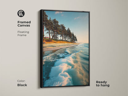 Framed Canvas art featuring a serene coastal landscape with pine trees. Floating frame in black enhances the teal sandy gold seascape. Ready to hang this piece is ideal for coastal living room decor and adds a peaceful touch to residential spaces.