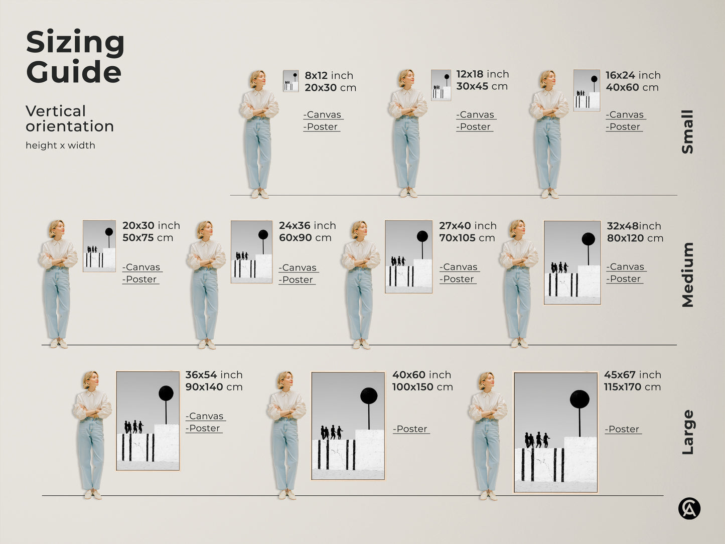 Sizing guide for modern abstract wall art in vertical orientation. Sizes range from small to large for both canvas and poster prints. The art shows surreal figures with a black sphere a minimalist monochrome design.