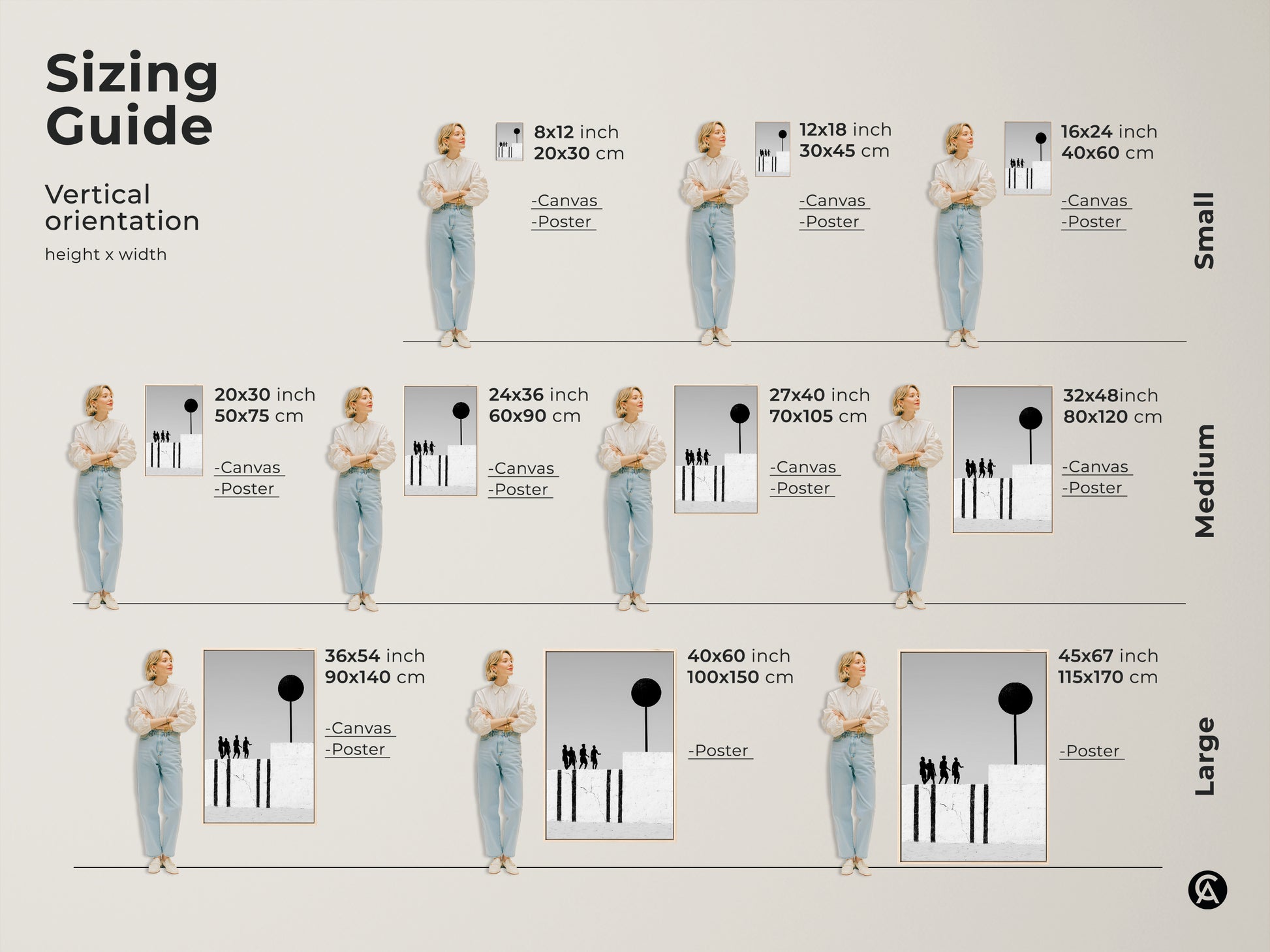 Sizing guide for modern abstract wall art in vertical orientation. Sizes range from small to large for both canvas and poster prints. The art shows surreal figures with a black sphere a minimalist monochrome design.