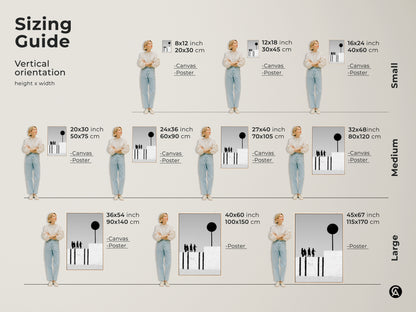 Sizing guide for modern abstract wall art in vertical orientation. Sizes range from small to large for both canvas and poster prints. The art shows surreal figures with a black sphere a minimalist monochrome design.