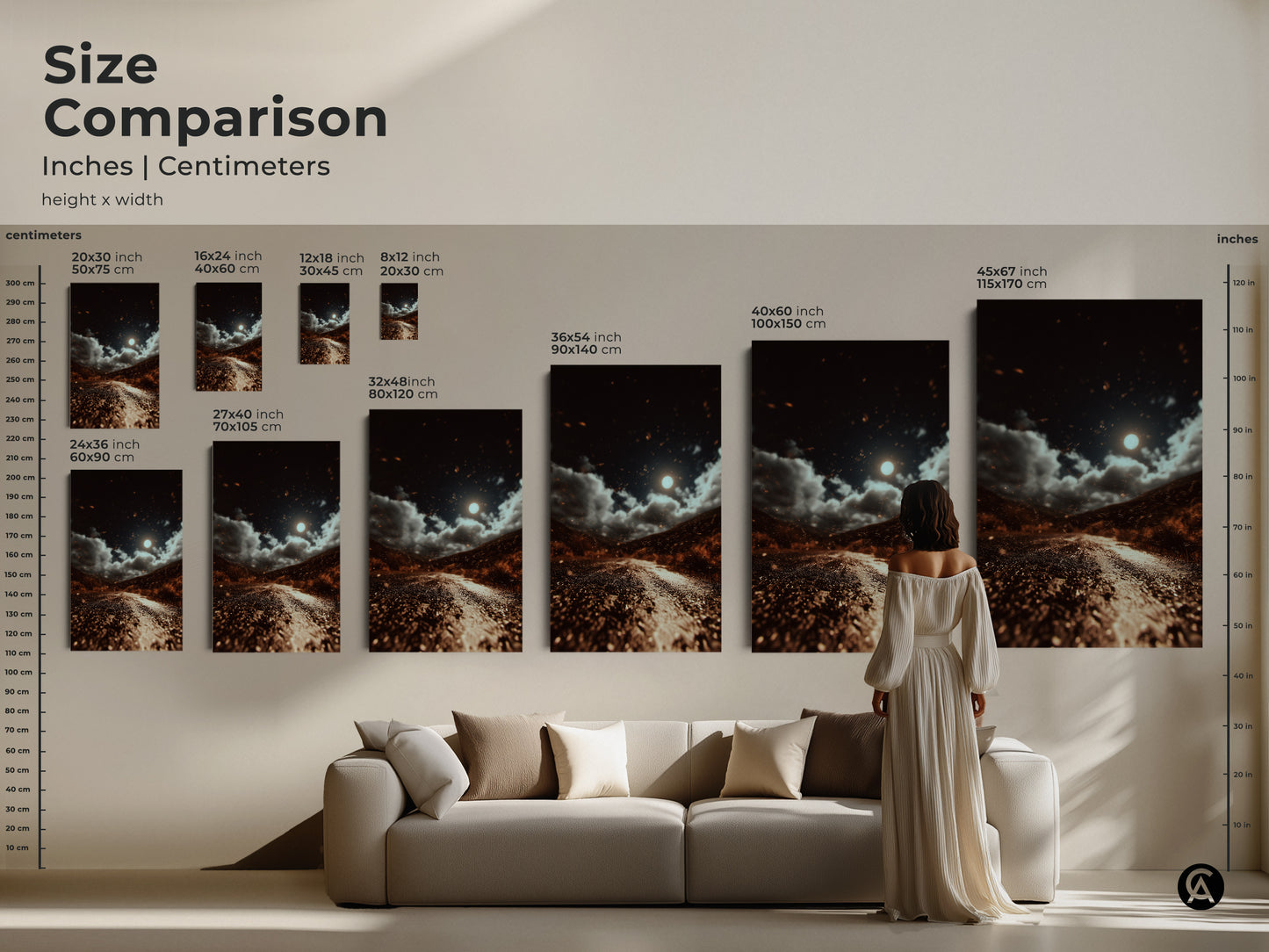 A size comparison showcases the moonlit road artwork. It's displayed in inches and centimeters. The dark brown landscape has gray and orange accents. This eclectic home decor piece suits any room. The nature wall art print captures a celestial night sky. This cinematic road trip artwork adds mood to any space.