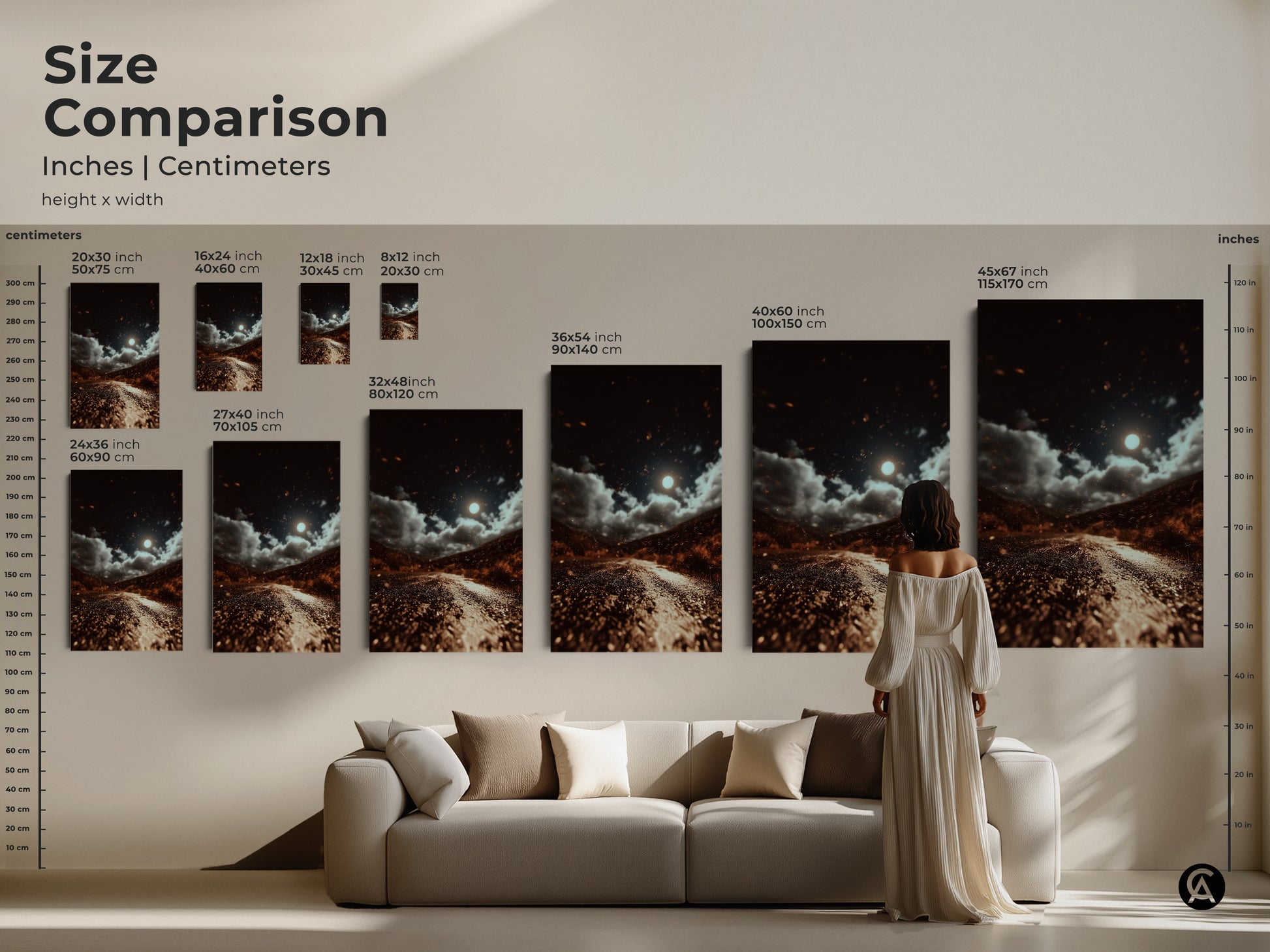 A size comparison showcases the moonlit road artwork. It's displayed in inches and centimeters. The dark brown landscape has gray and orange accents. This eclectic home decor piece suits any room. The nature wall art print captures a celestial night sky. This cinematic road trip artwork adds mood to any space.