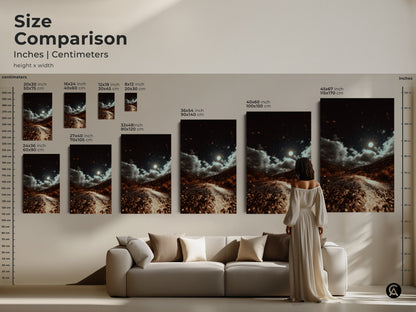 A size comparison showcases the moonlit road artwork. It's displayed in inches and centimeters. The dark brown landscape has gray and orange accents. This eclectic home decor piece suits any room. The nature wall art print captures a celestial night sky. This cinematic road trip artwork adds mood to any space.