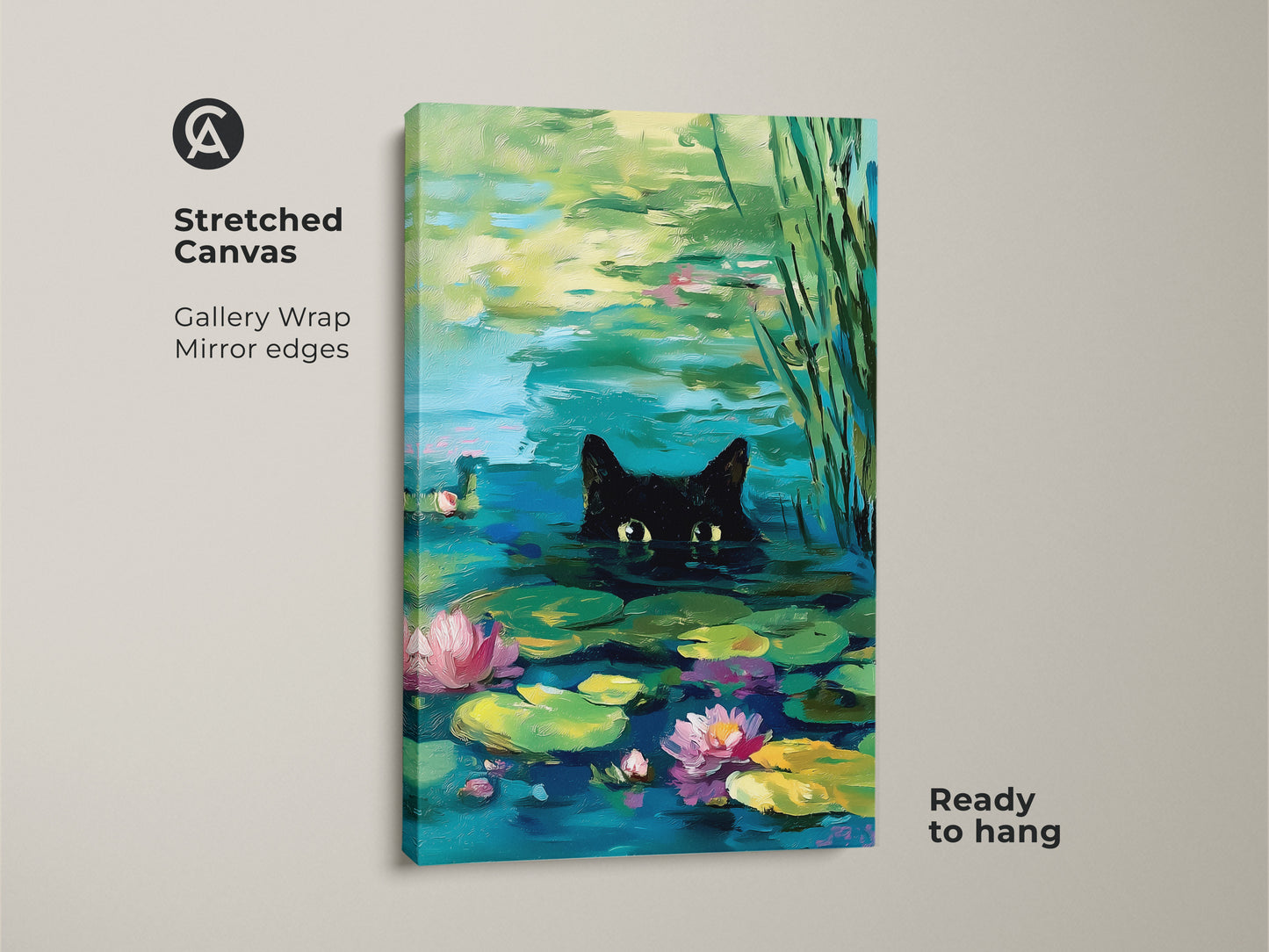 Stretched canvas print featuring a black cat in a pond. Gallery wrapped with mirror edges this artwork is ready to hang. The cat is surrounded by water lilies in this unique wall art piece. Perfect for cat lovers.